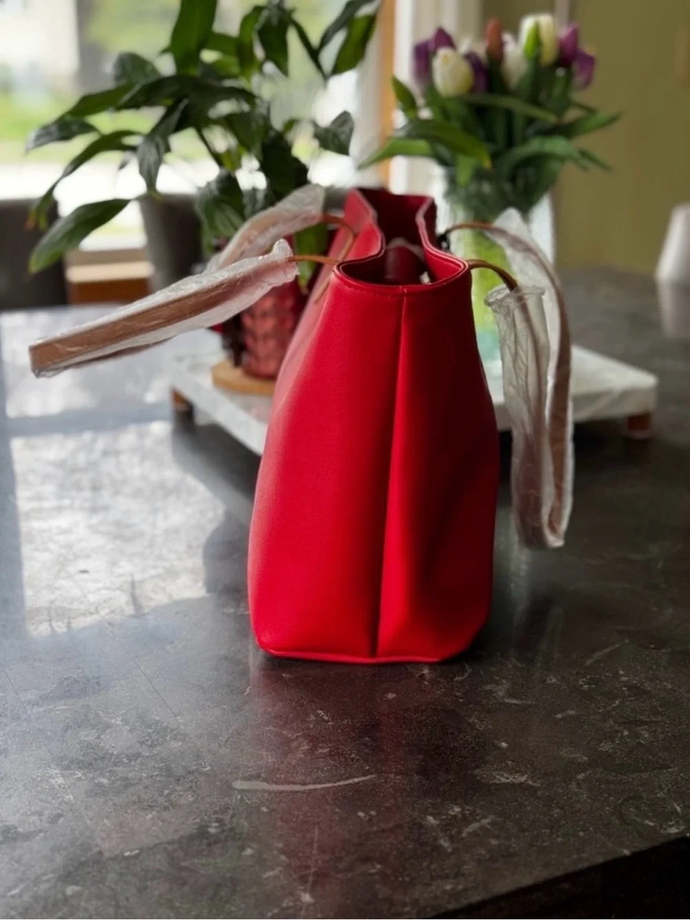 NWT Nautica Tote Bag - Bright Red with Tan Handles